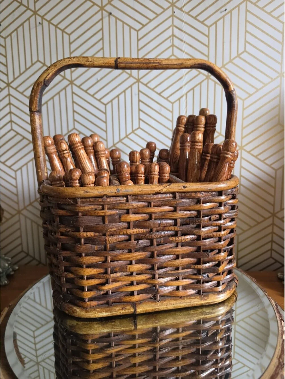 Vintage Lifetime Cutlery Old Homestead Wood Handle Flatware w Wicker Caddy 59pc